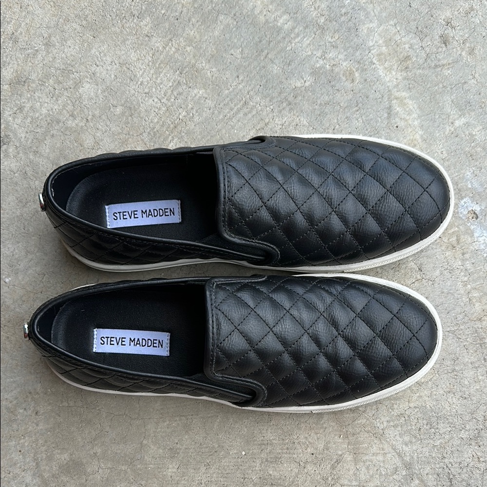 Steve Madden Black Quilted Loafers with White Soles